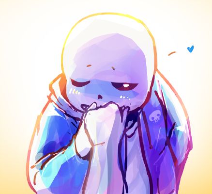 Sans au with light blue eyelights a four-pointed star in his forehead, the  cheeks have freckles that sparkle and fell like a starry sky, woring a  sweatshirt twice his size, covering his