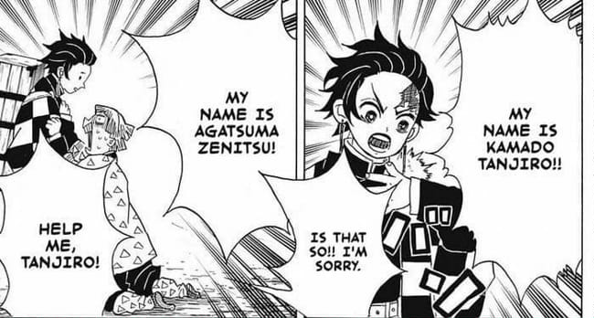 Tanjiro le da un onigiri a Zenitsu 