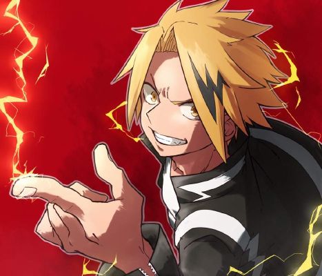 stiff-goat418: a man, a fusion between oni from demon slayer and bakugo  from mha, with energy lightning around and water in background