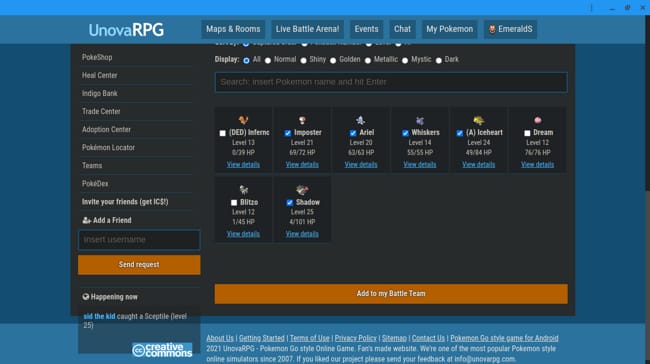 My Pokemon team on Unovarpg.com.