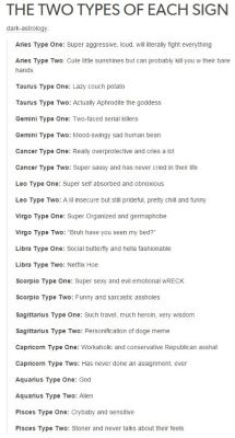 THE TWO TYPES OF EACH SIGN Zodiac Funnies Quotev