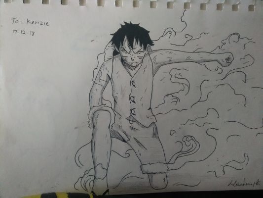 Anime drawing of a girl hugging luffy from one piece