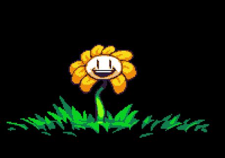 A pixelated red flower with eyes and a mouth looking like flowey from  undertale