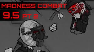 A soldier with a black coat, and only one eye with that eye comes a yellow  visor. a.tp soldat from madness combat. grunt from madness combat. has  floating hands and no arms
