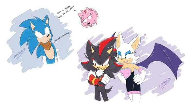 Shadow is laughing at Sonic, Shadow kinds looks happy.