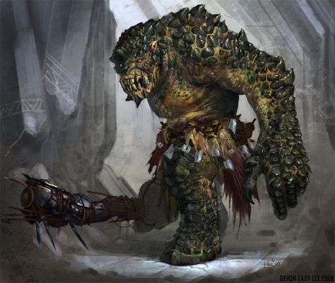 Troll fantasy creature with inquisative expression and leaning on