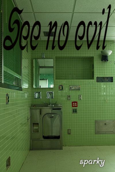 Book cover, a bathroom lit with green light and tiles on the floor with the title "see no evil" at the top. 